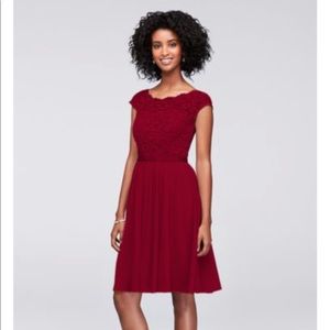 David’s Bridal Short Lace and Mesh Dress with Illusion Neckline